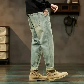 Men's Spring 2026 Loose Harem Pants Denim Retro Solid Comfortable Harajuku Straight Jeans Simple Fashion Versatile Cargo Trouser 5