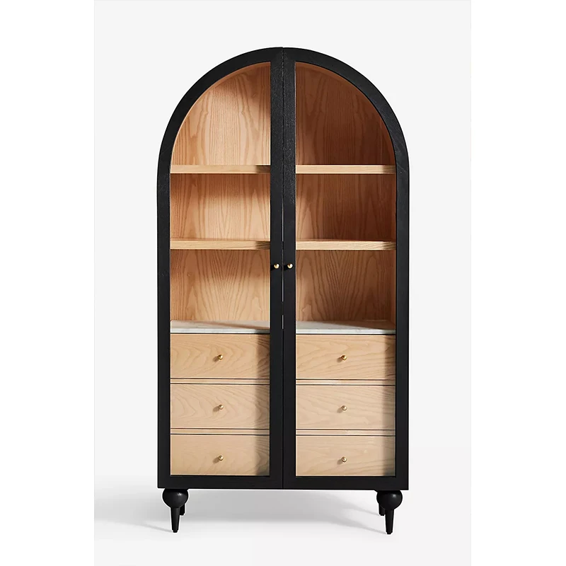 Handmade Mid-Century Style Luxury Home Living Room Furniture Glass Door Marble Top Three Drawer Storage Cabinet