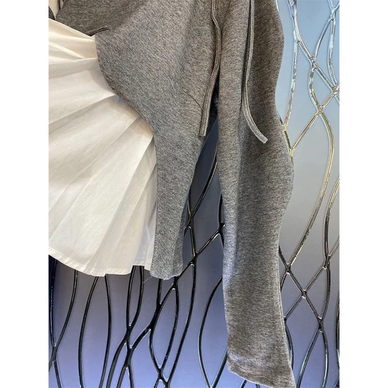 

Women's Grey-White Patchwork Long Sleeve Top-Asymmetric Tie-Shoulder Slim Blouse, Edgy Vintage Artistic Streetwear Spring Autumn