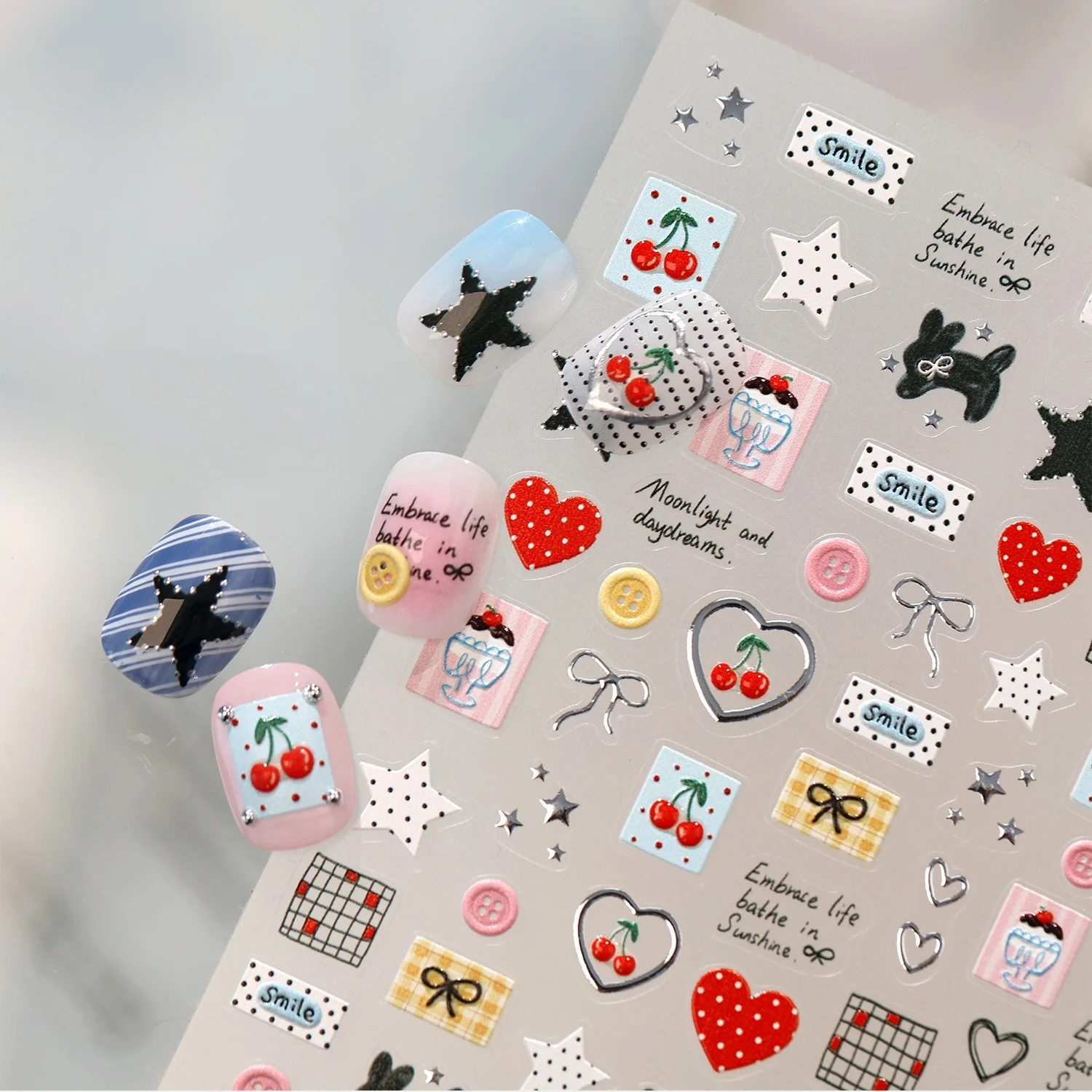 Red Polka Dot Vintage 5D Nail Decals Heart Cherry Puppy Star Bow Plaid Square Button Self Adhesive DIY Girls Nail Art Stickers