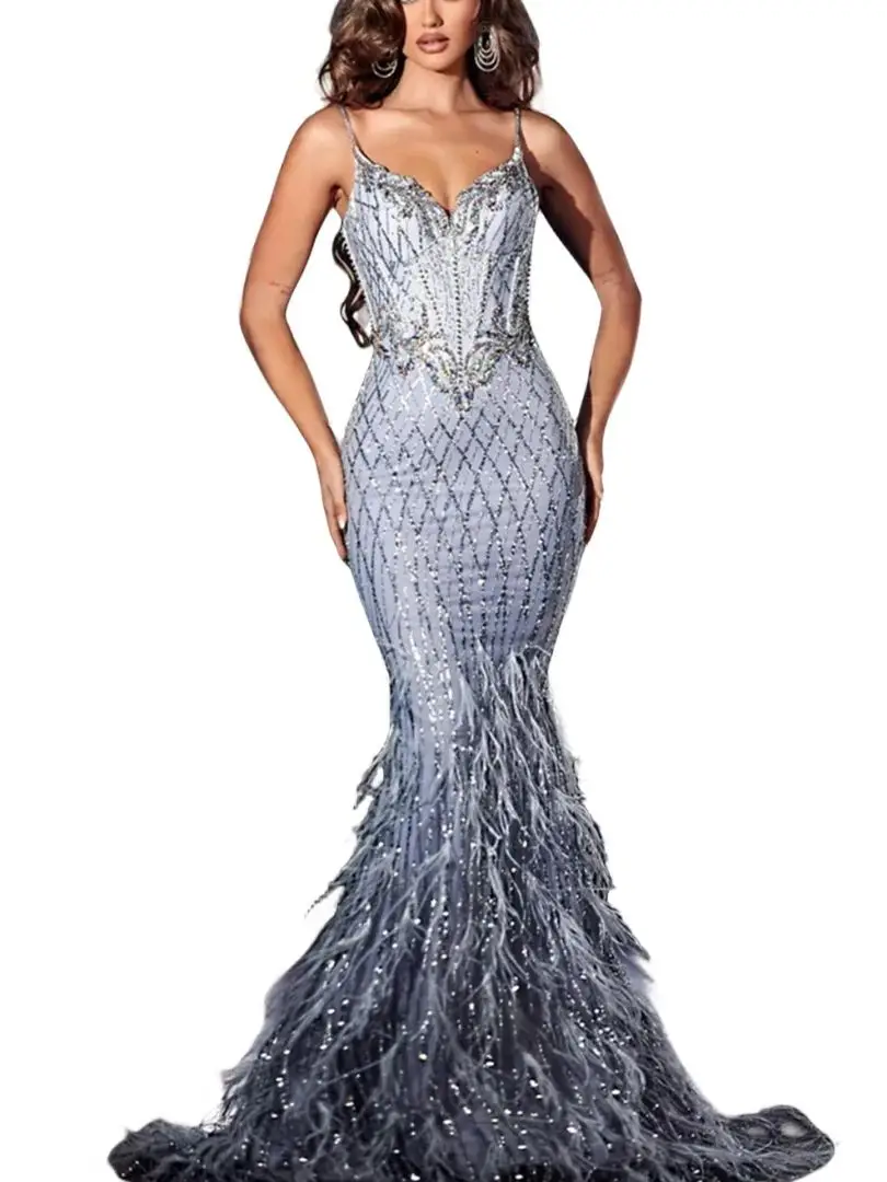 Feathered Spaghetti Straps Long Evening Dresses For Women Formal Occasion Dress With Beads And Sequins Luxury Party Gown