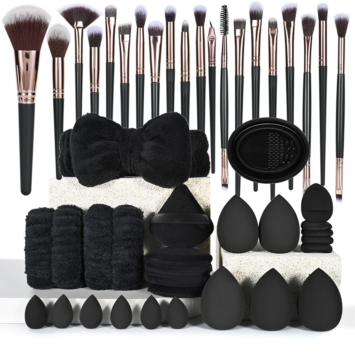 Kit d'outils de maquillage noir, brosse de maquillage et éponge bouffante, coussin d'air, bol