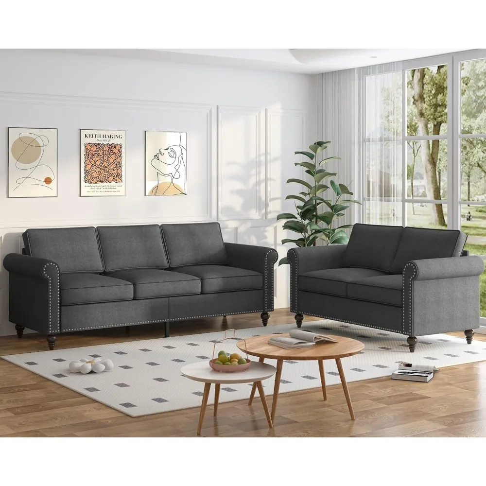 Set divano soggiorno, divano componibile e divano a due posti Set divani moderni divani set di mobili, gambe in legno a forma di zuccaTessuto di lino