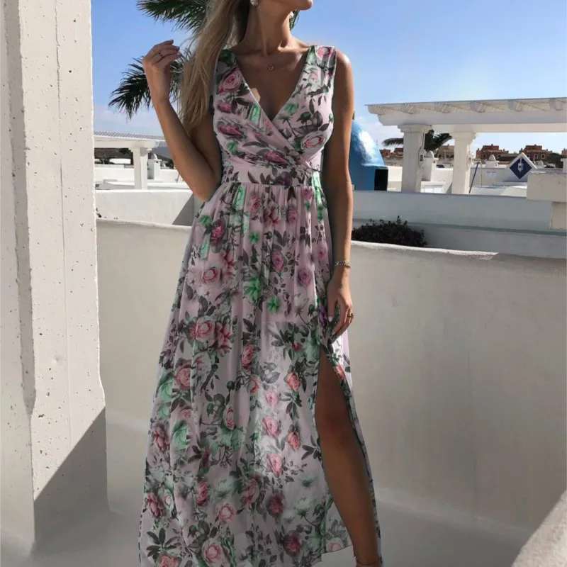 Elegante abito lungo da spiaggia diviso con stampa Boho Flowe per donna Abito lungo sexy con scollo a V e cinturino per spaghetti Abiti da festa senza schienale alla moda