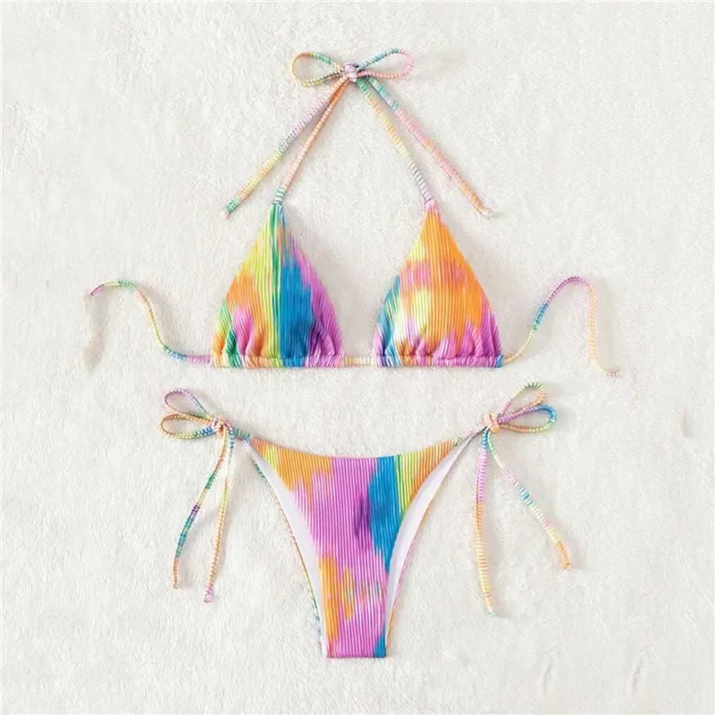 kleur tie-dye print badmode string halter driehoek bikini's set micro string sexy badpak dames badpak biquinis bikini