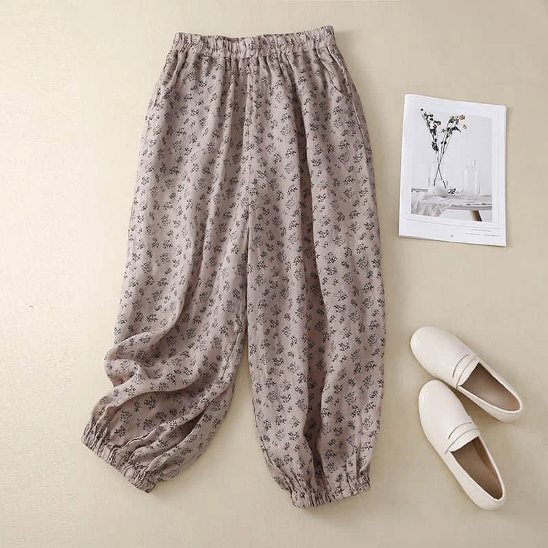 

Cotton Linen Pants for Women Printed Loose Casual Vintage Summer New Korean Style Literary Elastic Waisted Harem Pants Women