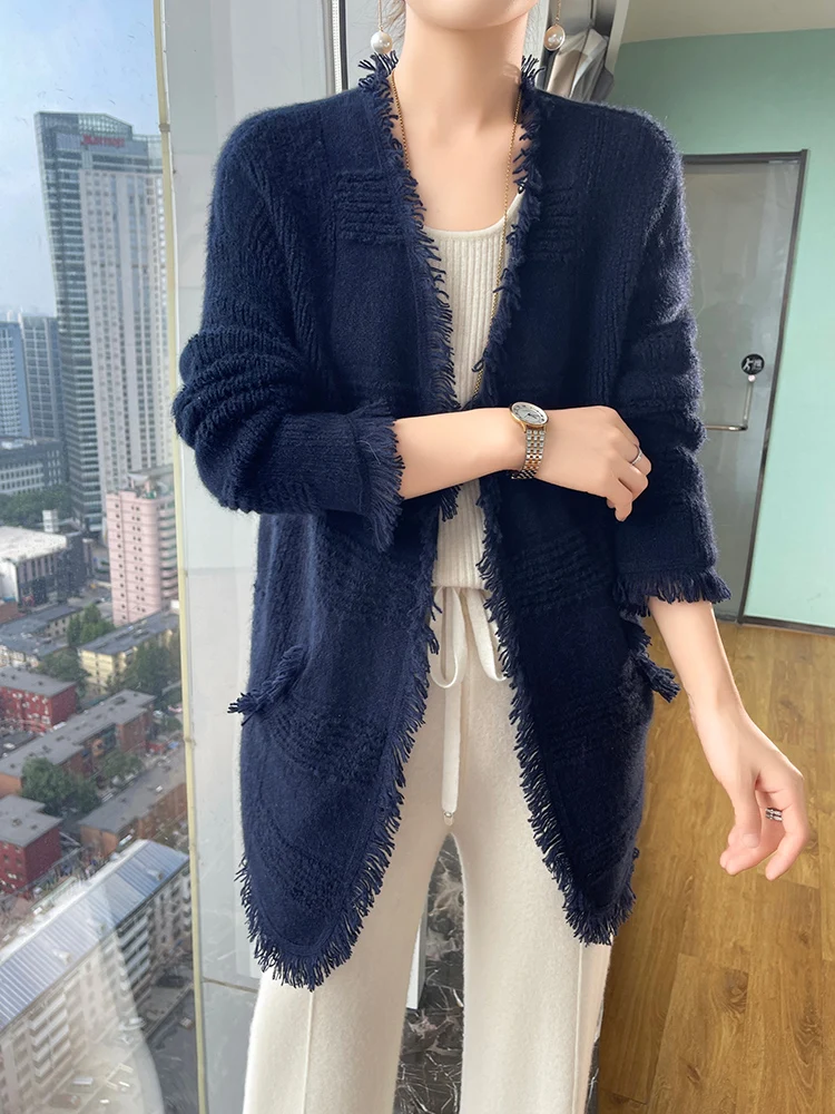 Autumn New 100% Pure Wool Cardigan Women\'s V-Neck Large Size Knitted Coat Fashion Loose Fringe Sweater All-Match Jacquard Jacket