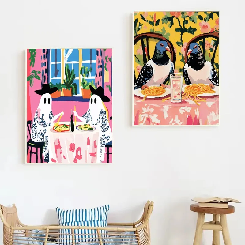 1pc frameless Canvas Painting Abstract Funny Animals Dinosaur/Dog/Panther Enjoy Spaghetti Dinner Poster Canvas Painting Wall Art