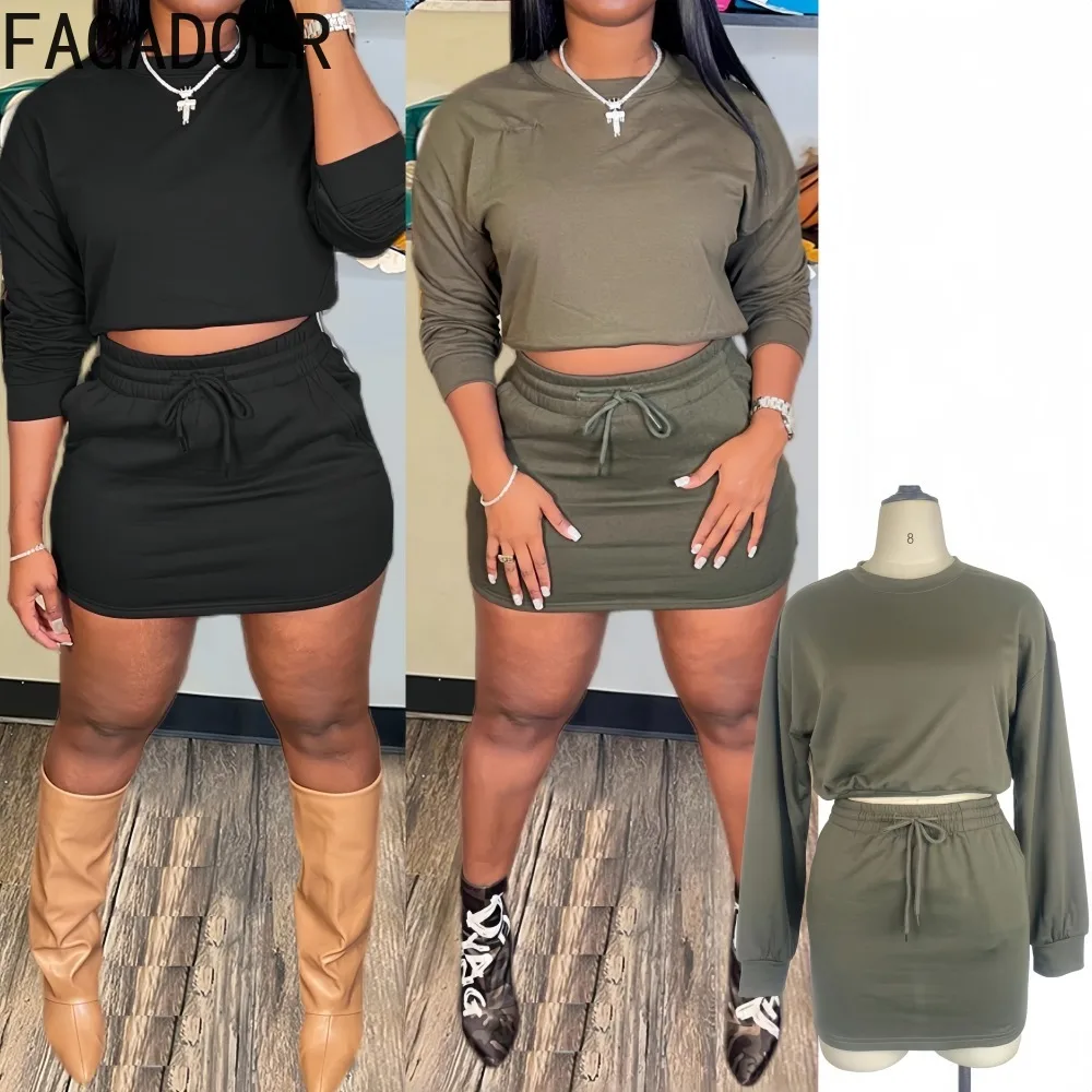

FAGADOER Autumn New Casual Two Piece Outfits Woman Solid Color Long Sleeve Crop Tops and Drawstring Shorts Female Streetwear