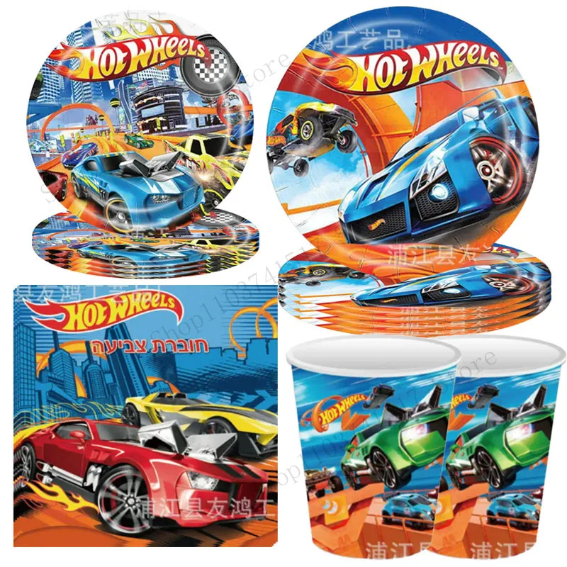 Hot Wheels Party Servies Leuke Cartoon Racewagens Themafeest Versieren Plaat Cup Tafelkleed Jongen Verjaardagsfeestje Benodigdheden