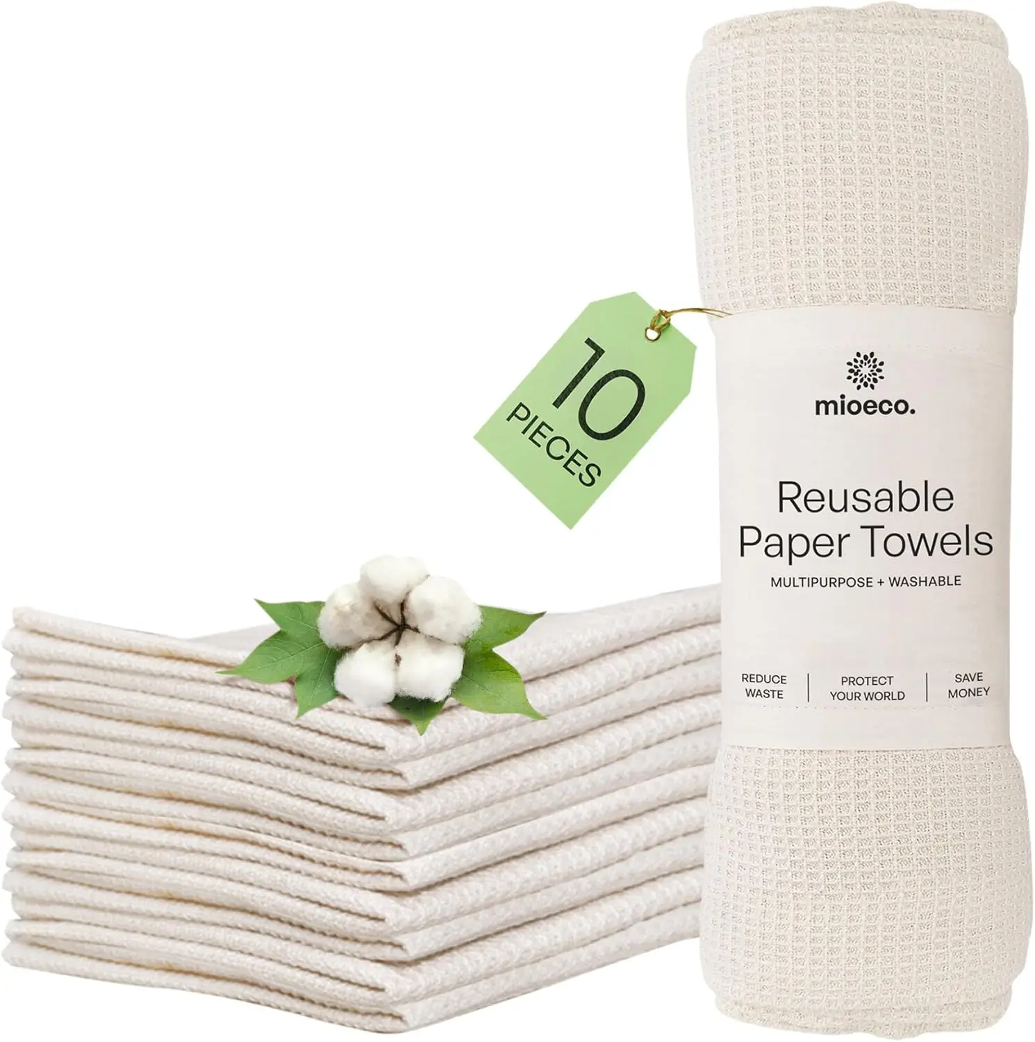 

10 Pack Reusable Kitchen Paper Towels Washable - Super Absorbent Natural unPaper Towels - Natural