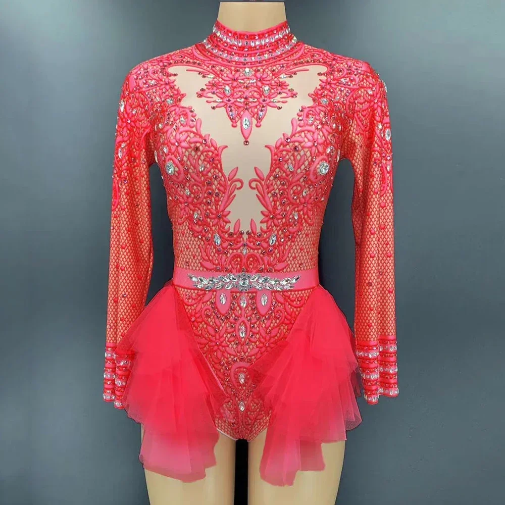 

Fashion Rhinestone Pink Red Ruffle Bodysuit Women Big Stretch Nightclub Prom Bar Concert Costume Stage Singer Show Dance Leotard