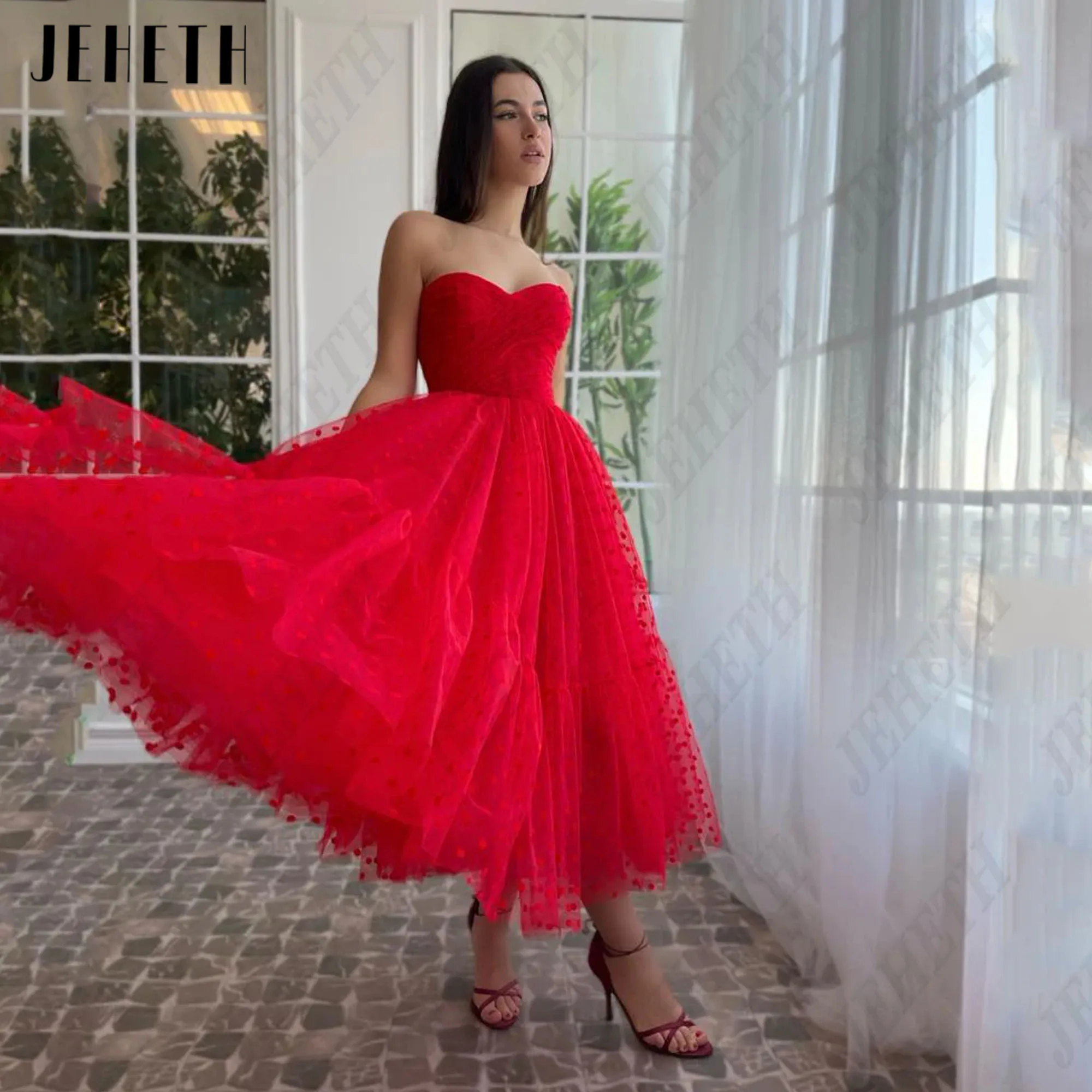 JEHETH Red Dot Strapless Prom Dress Sleeveless A-Line Tulle Vestidos De Festa Ankle Length Party Gowns For Woman Custom Made