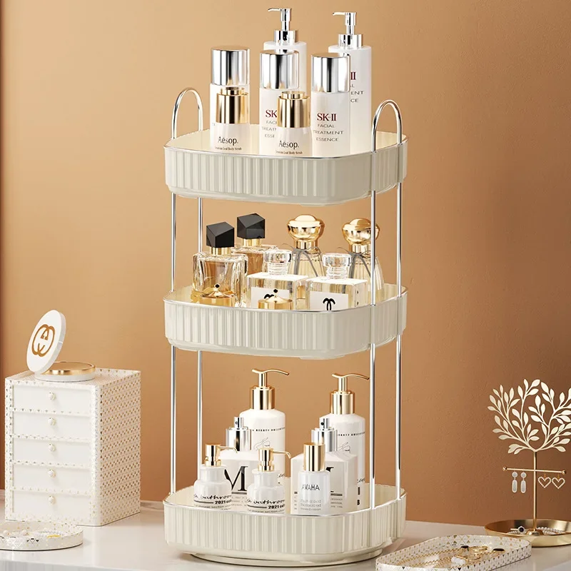 3 Layers Light Luxury Makeup Organizer 360° Rotating Desktop Cosmetic Storage Shelf Bathroom Organizer Skincare Rack
