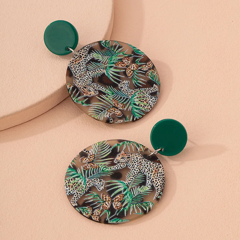 Bohemian Fashion Women's Earrings Green Rainforest Leaves Butterfly Leopard Print Acrylic 3D Relief Printing Earring Jewelry