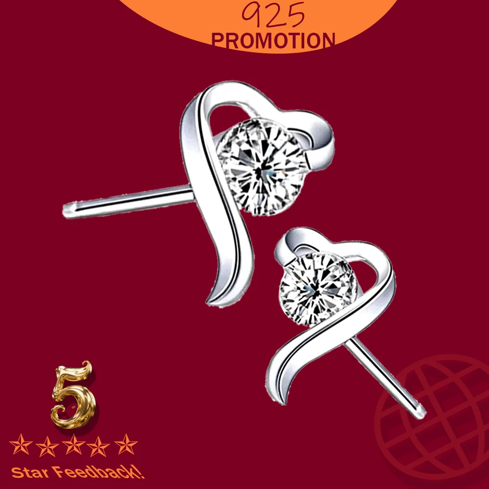 

Heart Love Cubic Zirconia Stud Earrings For Women Real 925 Sterling Silver Romantic Engagement Fine Jewelry