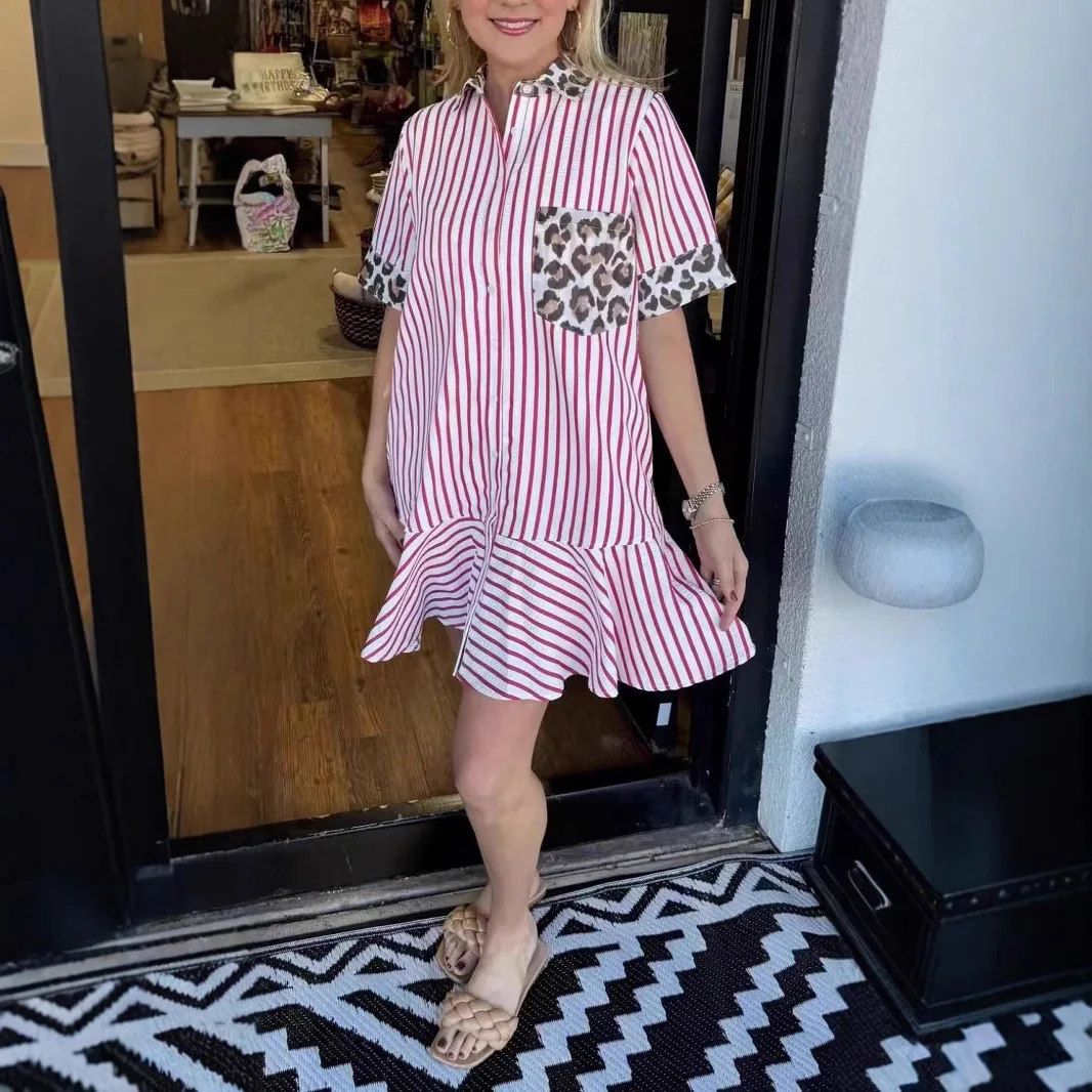 2025 Summer Fashion Women's Casual Trendy Striped Turn-down Collar Short Sleeve Above Knee Length Shirt Dresses Female Clothes