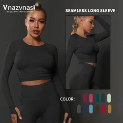 Vnazvnasi-Camisa esportiva elástica sem costura para mulheres, blusa de manga comprida com recorte de dedo, camisa ioga para fitness, roupas esportivas de ginástica