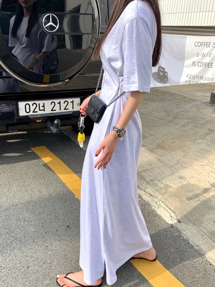 فستان قطني كاجوال بأكمام قصيرة للنساء، فستان صيفي رقيق يشكل الخصر ويرتدي فوق الركبة من القطن الخالص