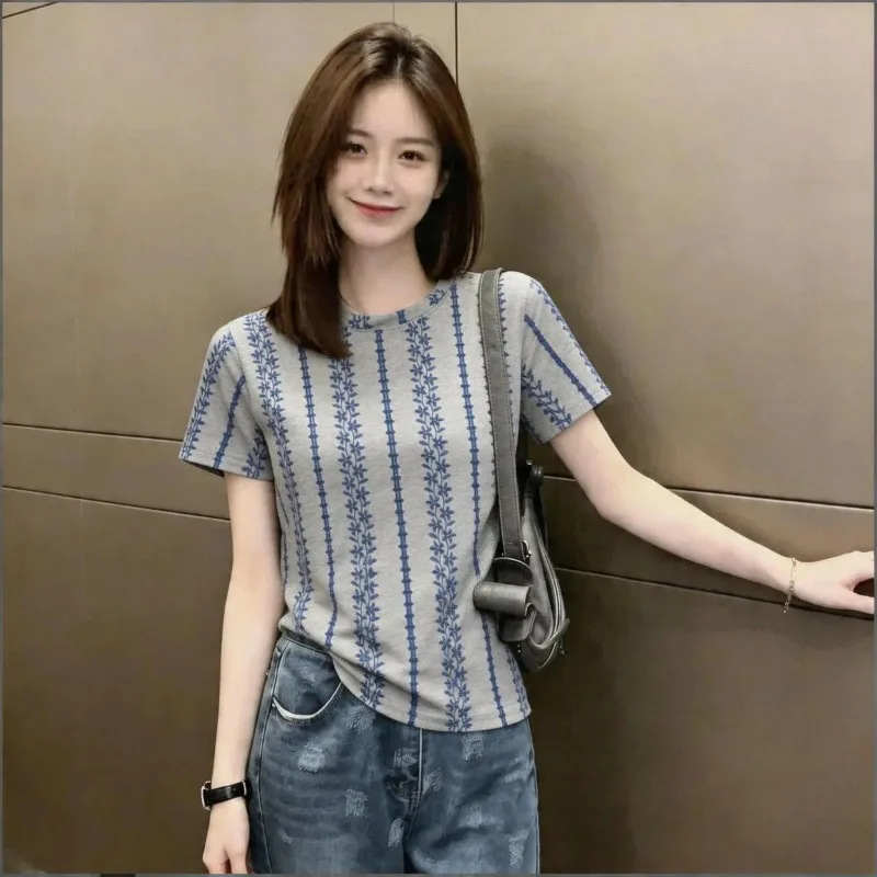Women Chinese Style Vertical Floral Print T Shirt Crew Neck Short Sleeve Loose Casual Cotton Top