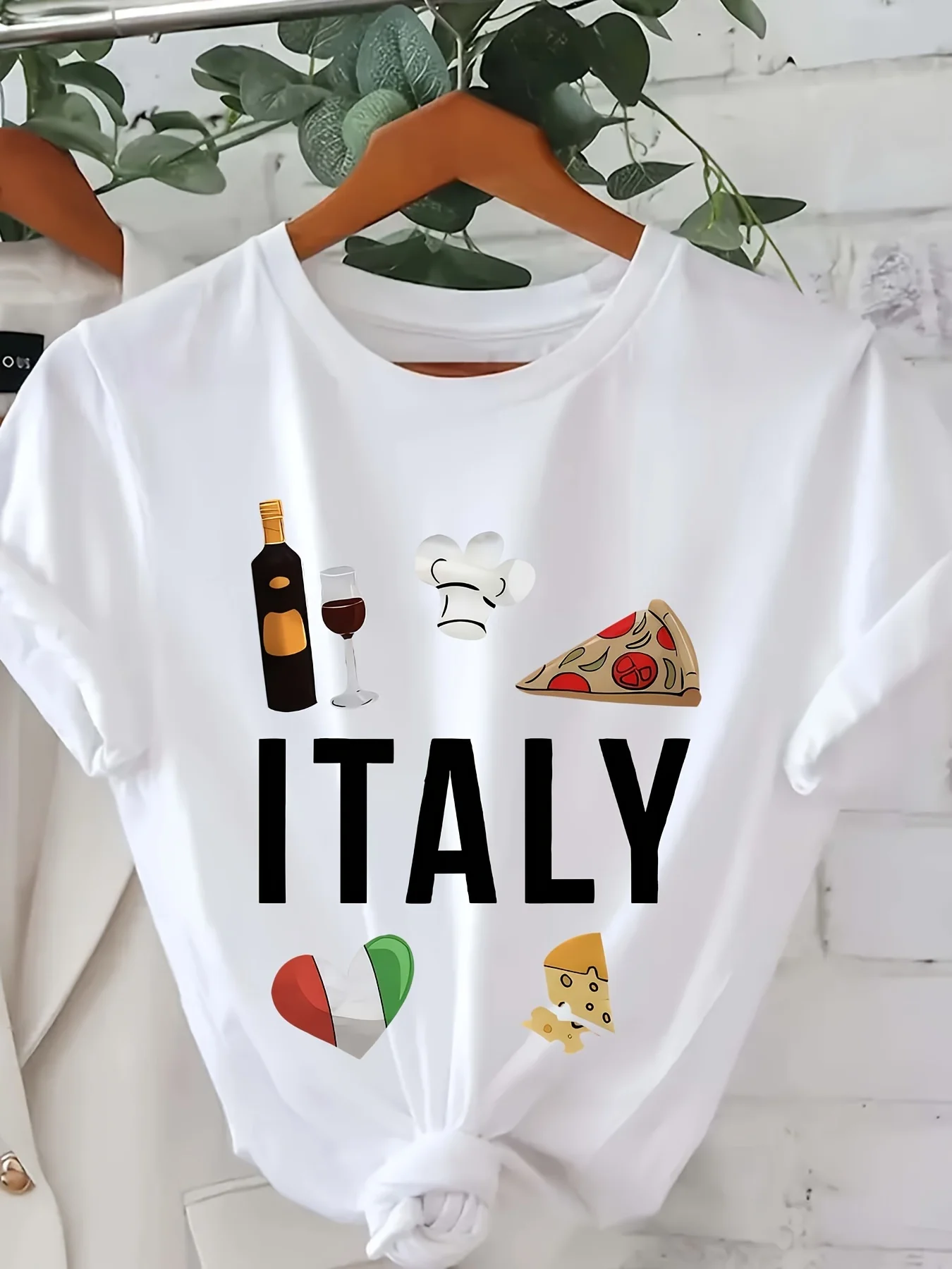 Women's T-shirt Short Sleeved Italian Cuisine Pattern Creative Print Summer Round Neck T-shirt Women's Casual Clothing