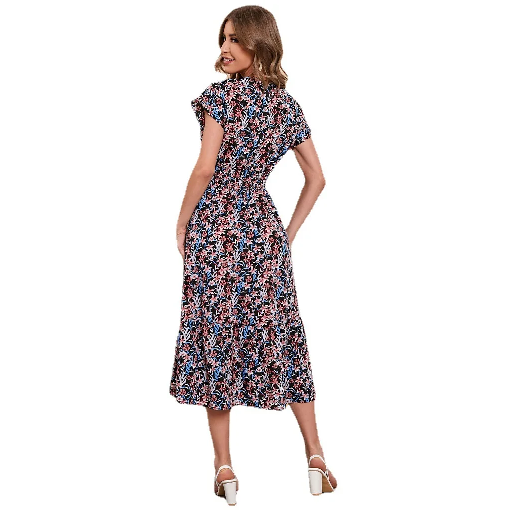 Moda floral impressão vestido longo chiffon feminino vestido de praia profundo decote em v manga curta flor meados de comprimento vestidos de festa 2022 verão