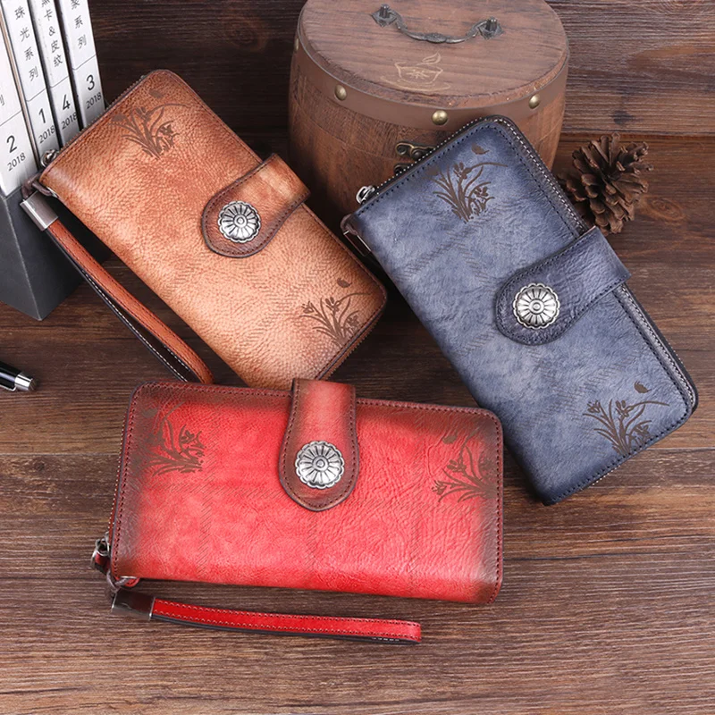 MOTAORA Retro Genuine Leather Women Wallet ID/Credit Cards Holder Bag Multi-Purpose Printing Female Wrist Clutch Bags Long Purse