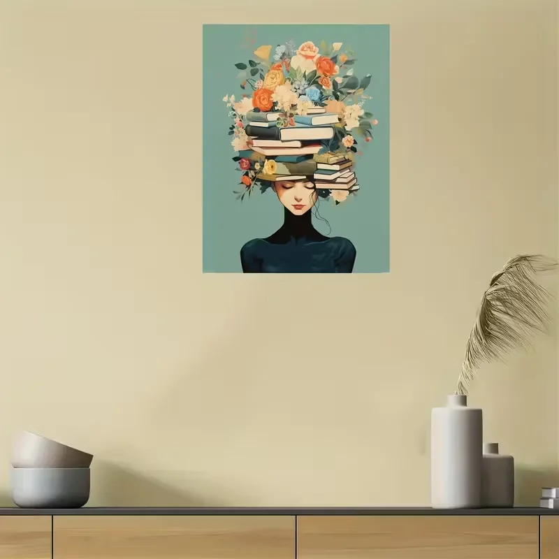 2D 1pc Inspirational Floral Crown Reader Canvas Wall Art Print, 12x16inch Unframed Vintage Poster, Waterproof Soft Canvas, Ideal