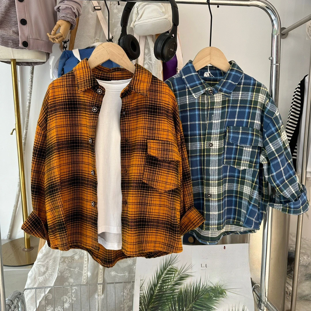 

Boys shirt 2024 autumn Korean version foreign style casual plaid tops kids clothes シフォンブラウス