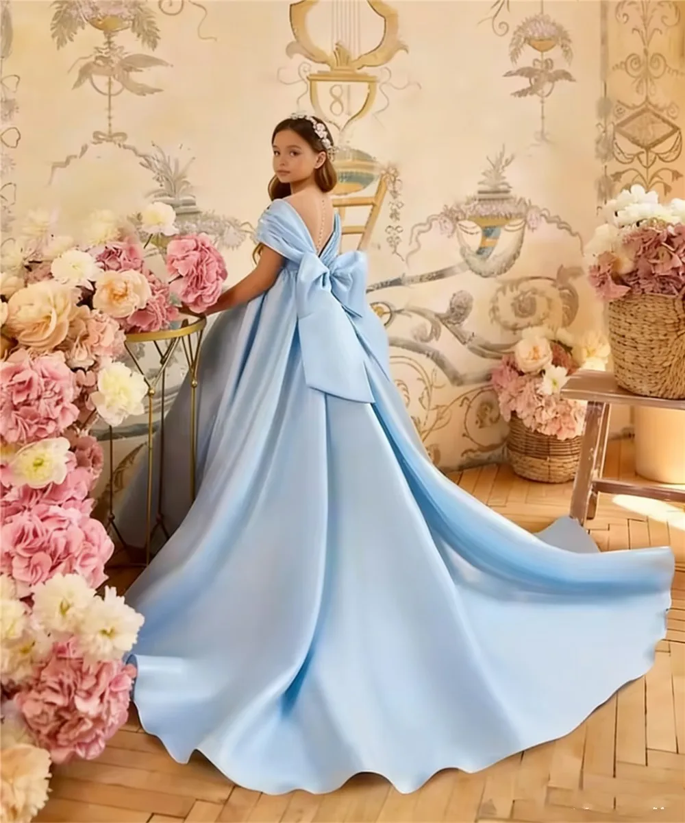 

Customized Elegant Flower Girl Wedding Dress Off Shoulder With Bow Girls Birthday Evening Party Dress Kids First Communion Gown