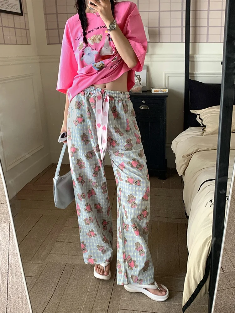 

Bear Print Straight Leg Casual Pants Women's Wide Leg Long Pants Florida Holiday Sle High Waist Comfortable Polyester Fiber