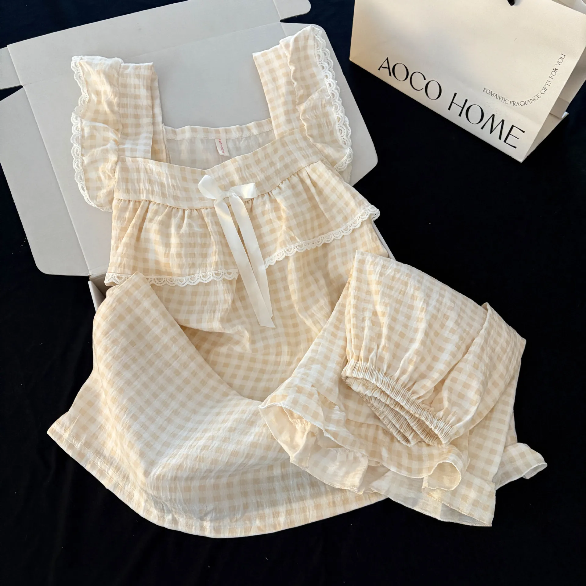 New Ins-Style Korean Simple Plaid Summer Short-Sleeve Shorts Pajamas for Women, Loose with Chest Pads, Summer Tank Top Set