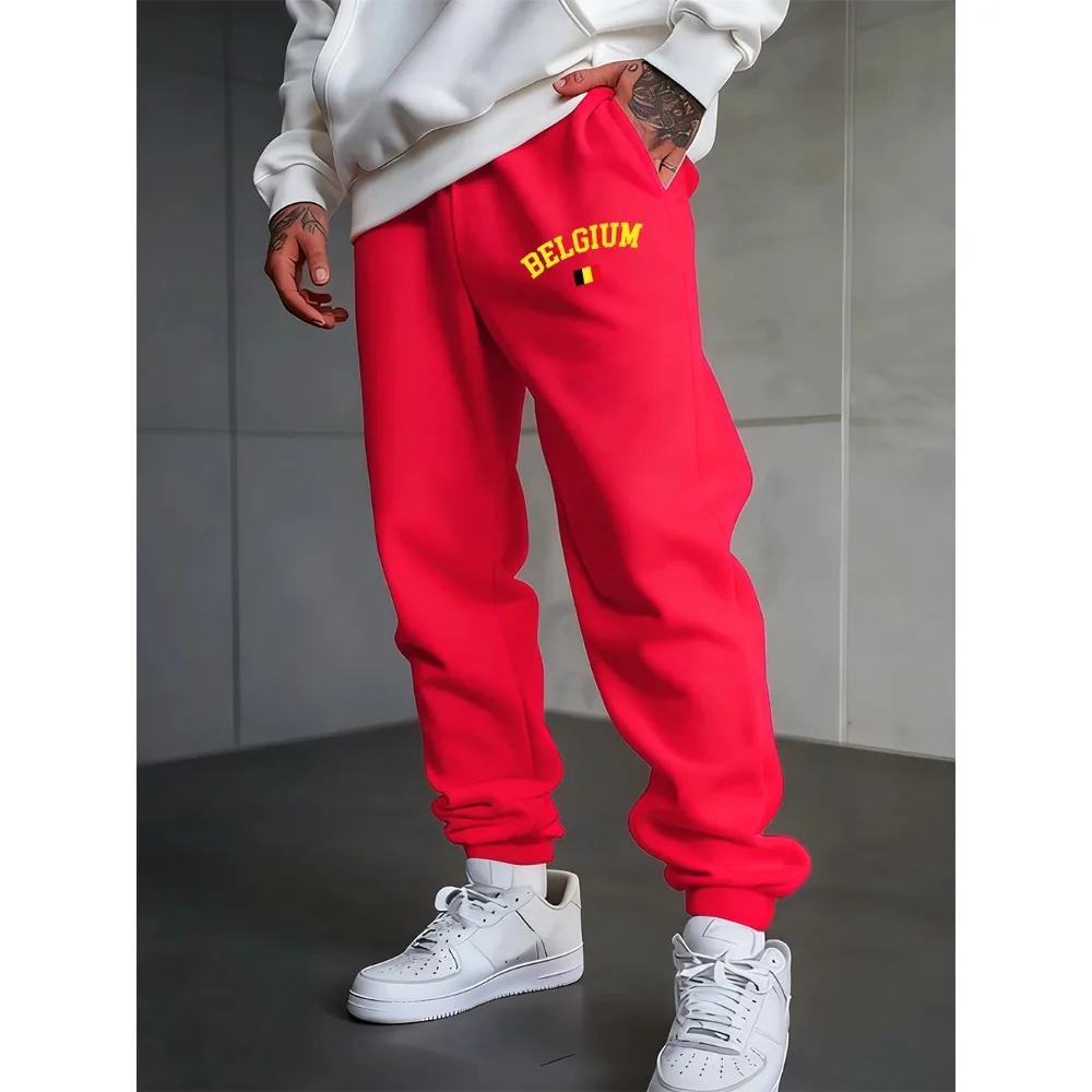 Бельгийский текст с принтом флага, спортивные штаны, мужские зимние брюки, флисовые теплые универсальные брюки для бега, базовая свободная мужская одежда