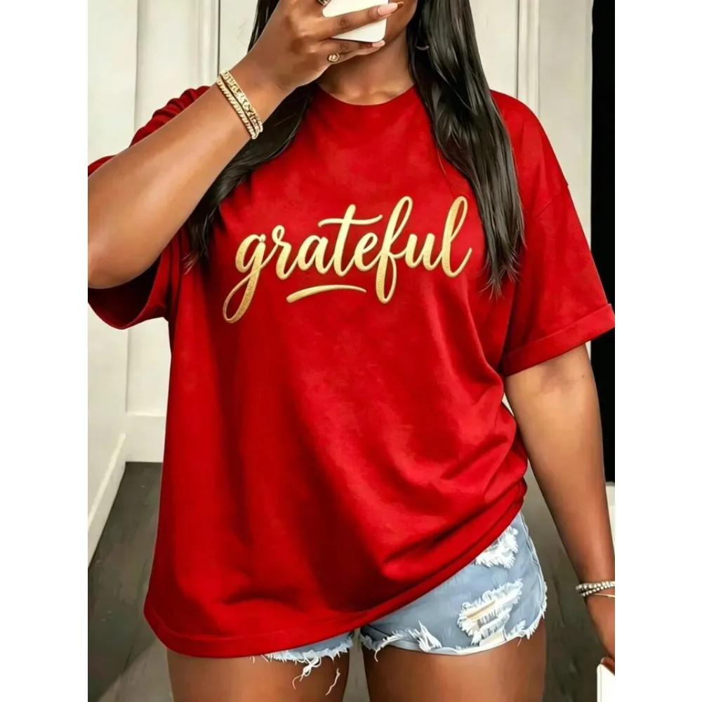 2026 New Fashion Women Crew Neck Short Sleeve T-Shirt Oversized Loose Fit Gold Foil Cursive Grateful Letter Print Daily Casual
