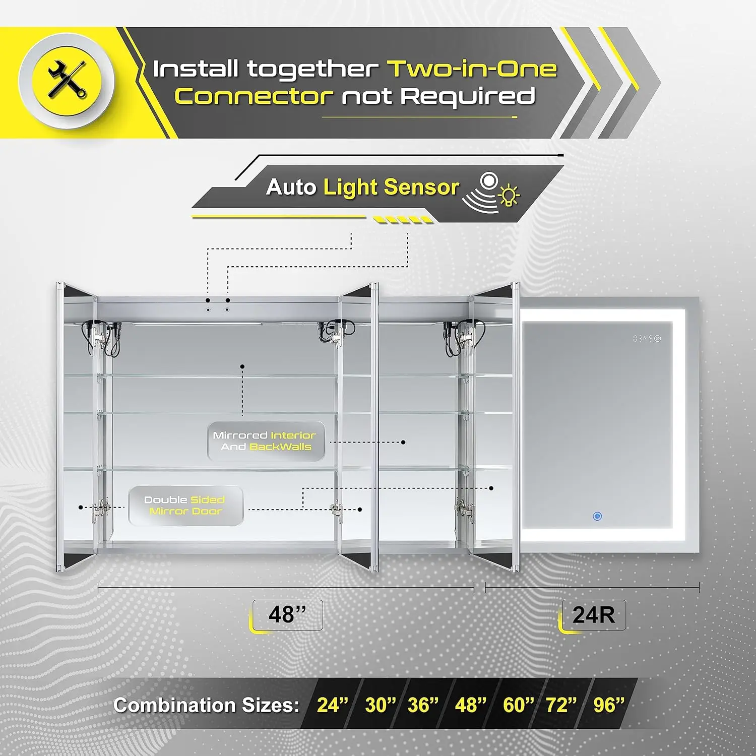 กระจก LED ตู้ยาแบบฝังหรือนาฬิกาหรี่พื้นผิวแสดงอุณหภูมิห้อง Dual Outlets Duna 48x32