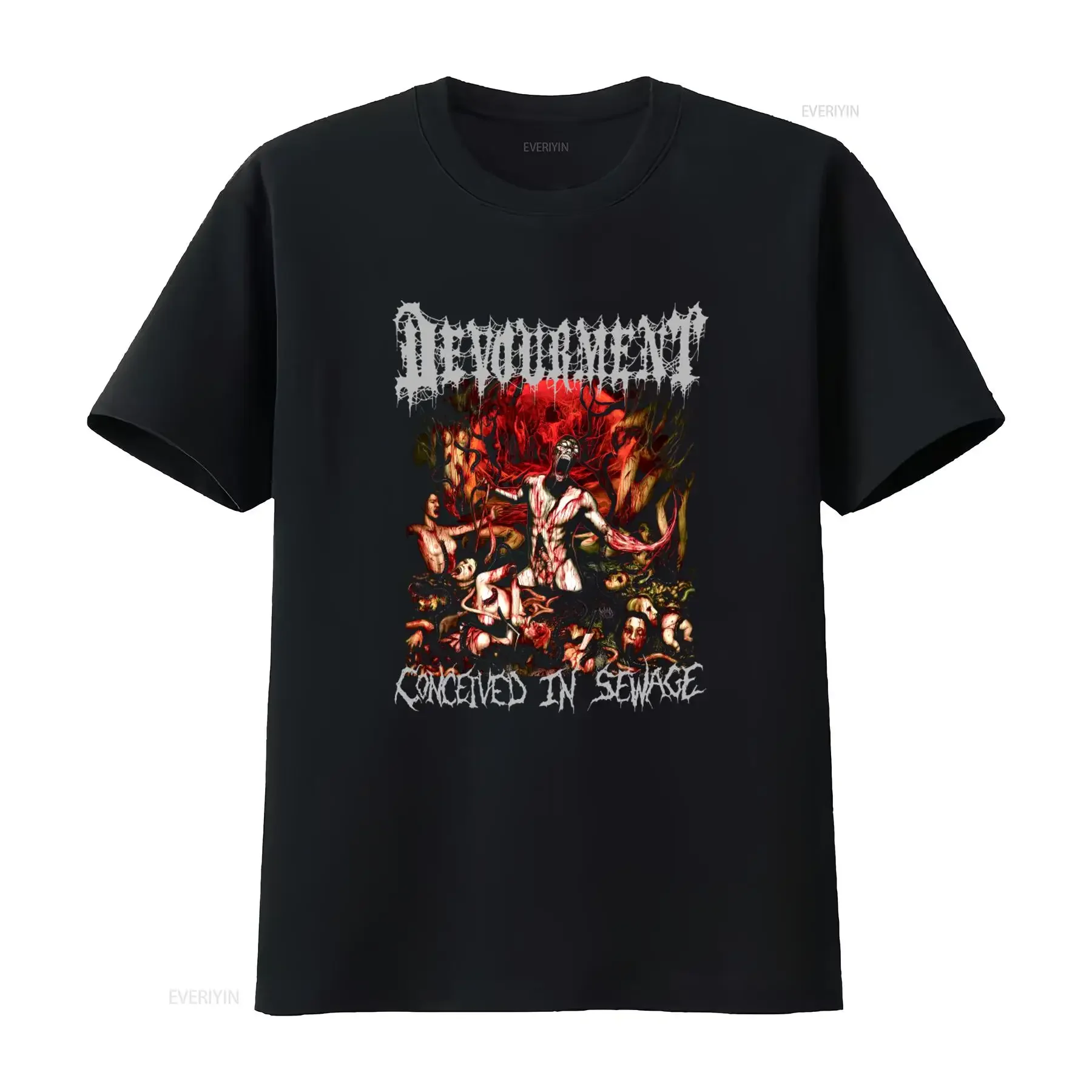 Men's Devourment Conceived In Sewage T Shirt Small Black Extreme Metal Band Art Print vintage Washed Top For Everyday Wear