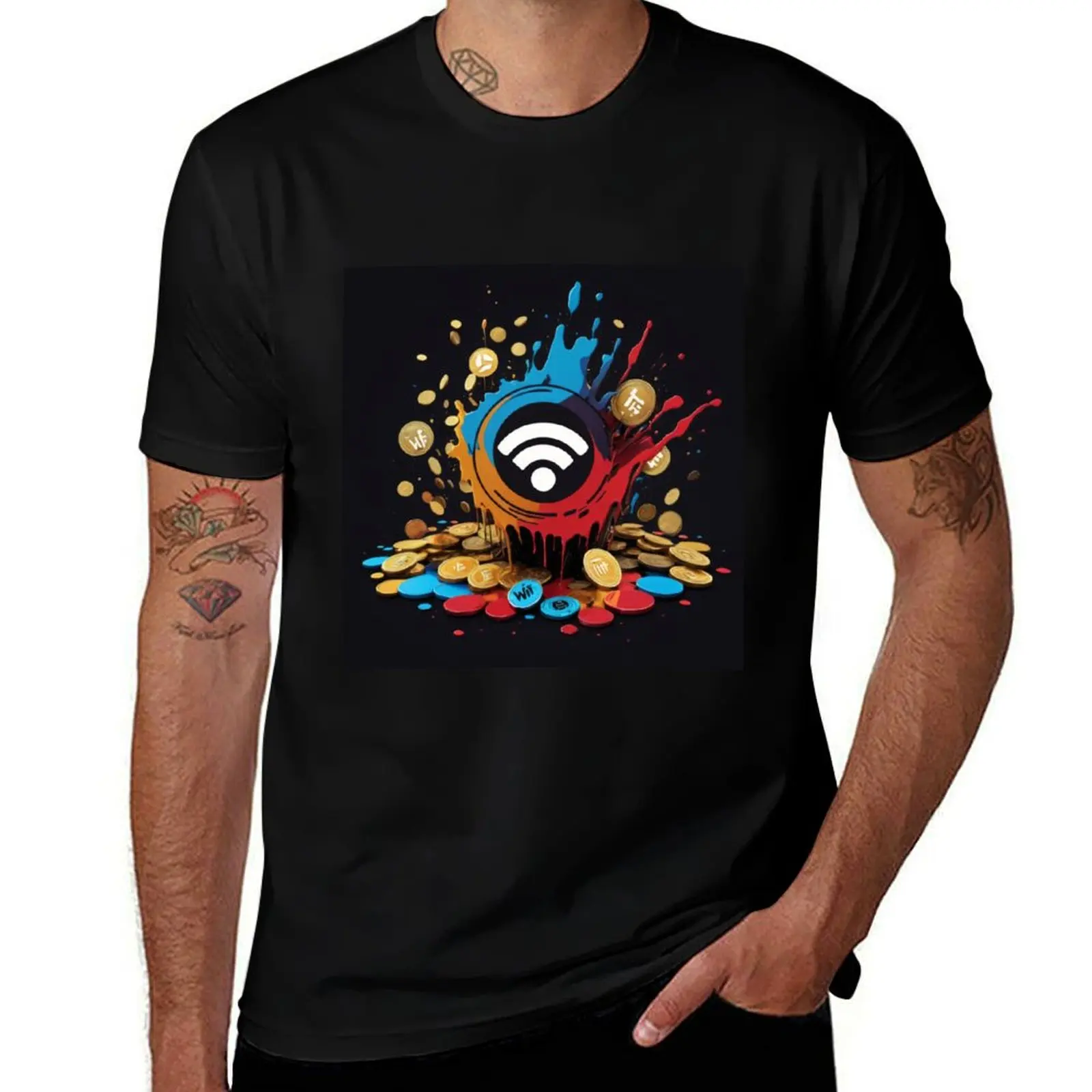 Crypto : WiFi Coins Radiating Wealth T-Shirt summer tops man clothes heavyweights Men's cotton t-shirt