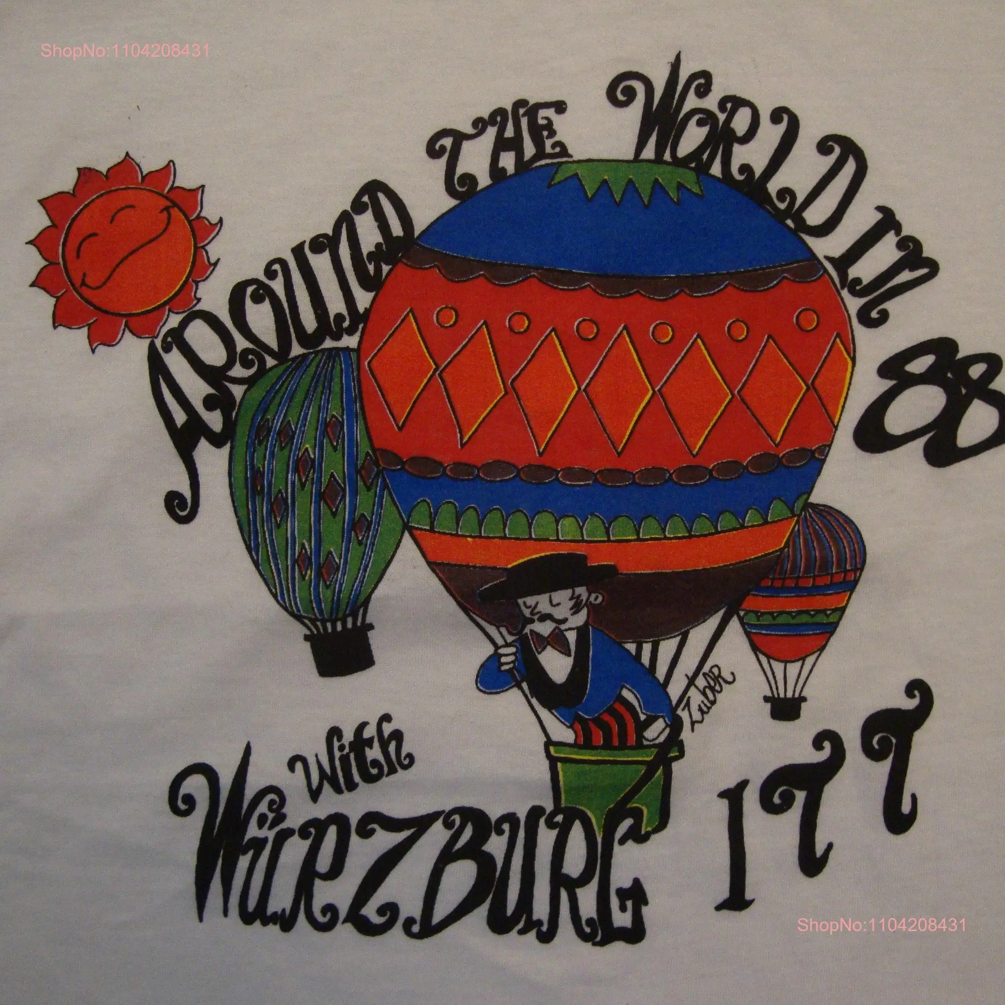 Vintage 80's Around The World In 88 With Wurzburg ITT Hot Air Balloon White T Shirt Size L long or short sleeves