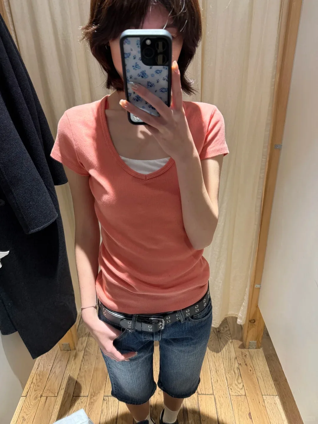 Coral Orange V-neck Slim T-shirts Women Summer Cotton Short Sleeve Tee Shirts Female Sweet Casual All-match Tshirts Tops Y2K