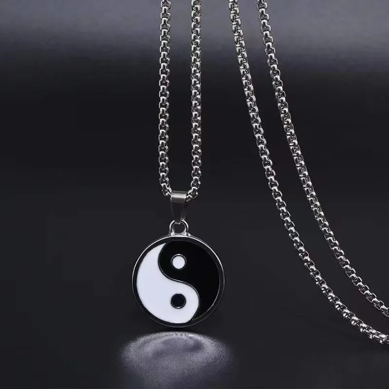 Punk Hiphop Tai Chi Yin Yang Eight Trigrams Pendant Necklaces for Women 70CM Long Chain Black White Enamel Collar Friend Gift