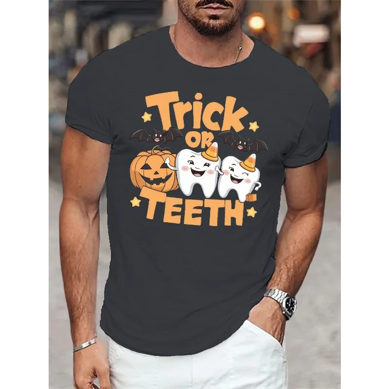 Halloween Trick or Teen Fun Printed Short Sleeves, Dental Creative Cartoon Teeth Pumpkin Bat Men's and Women's Tops