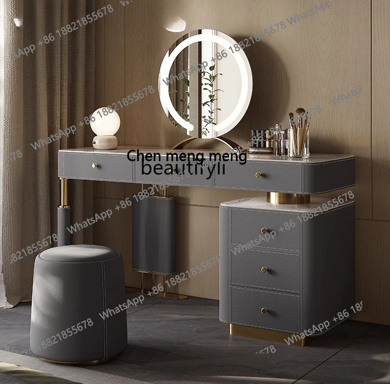 

dressing table, saddle leather dressing table, modern bedroom, light luxury, high-end rock slab storage, dressing table. H