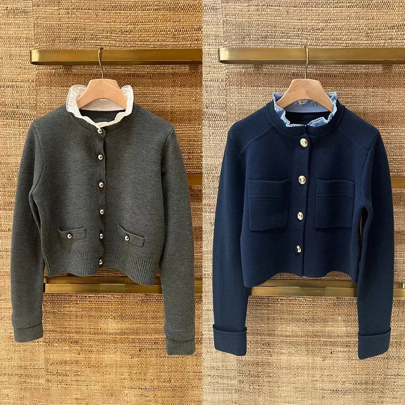 

Осенний женский серый вязаный кардиган контрастного цвета с рюшами на воротнике и длинными рукавами, модный свитер, пальто, топ