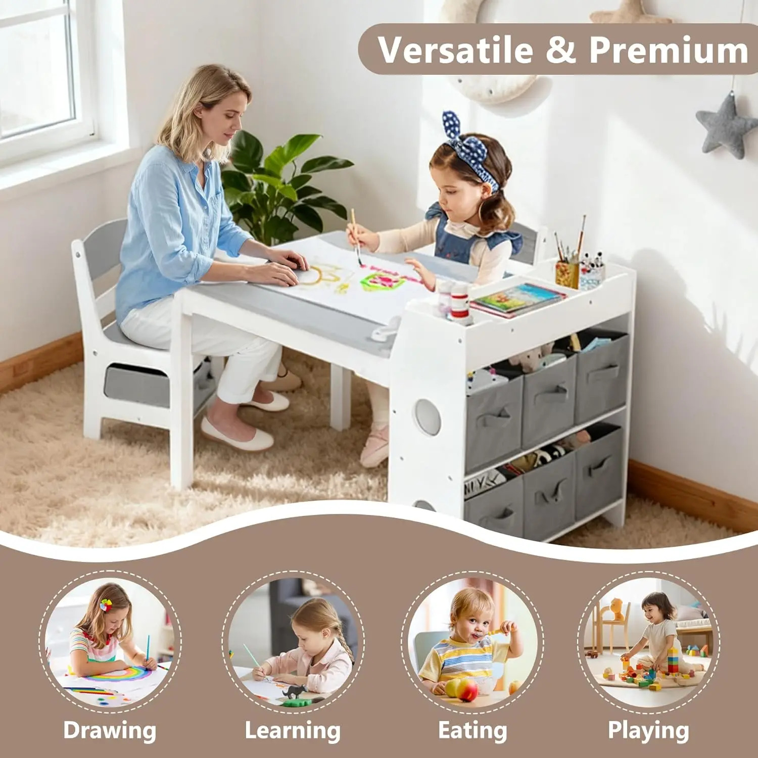 Kids Art Table & Chair Set, Wood Toddler Activity Table for Kids Drawing, Reading, Studying, Crafting, Playing, 8 Removable Bins