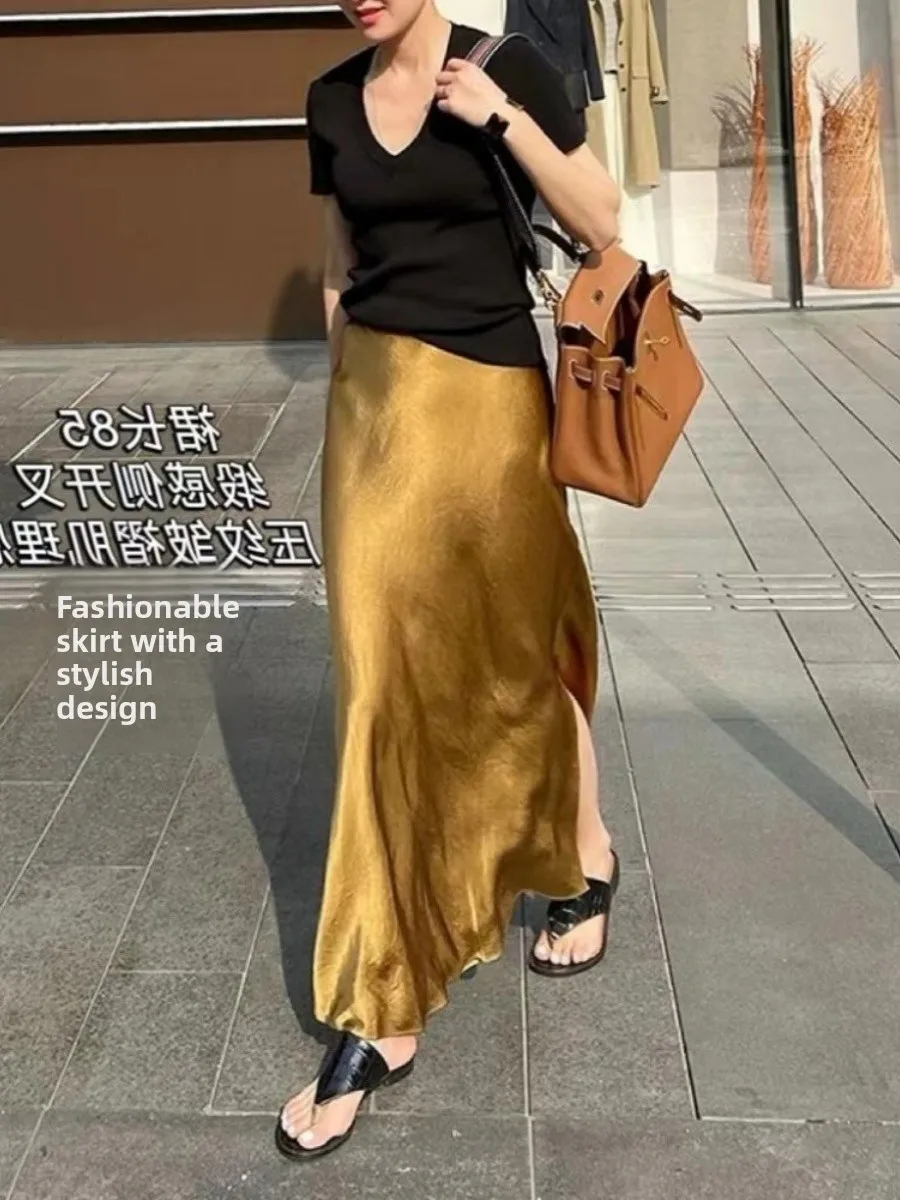 

Emily Clud Recommended Texture Satin Acetate Asymmetrical Slit Women's Summer Skirt Wrap around Fi Tail Long Gown