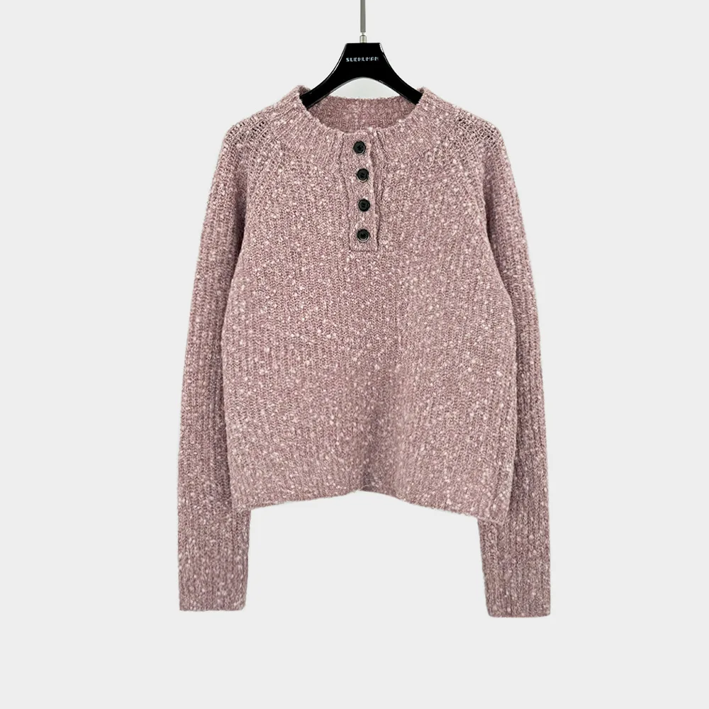 Wool-Blend Women's T-Shirt Y2K Button Detail Simple Elegant Commuter Round Neck Long Sleeve Base Layer Top 2025 Fall/Winter New