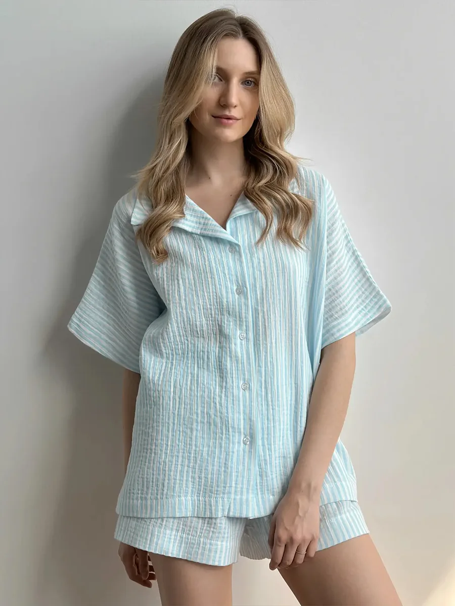 

Muzuleva, женские новые летние шорты с короткими рукавами, пижамный комплект, хлопковая домашняя одежда в вертикальную полоску, свежие пижамные комплекты