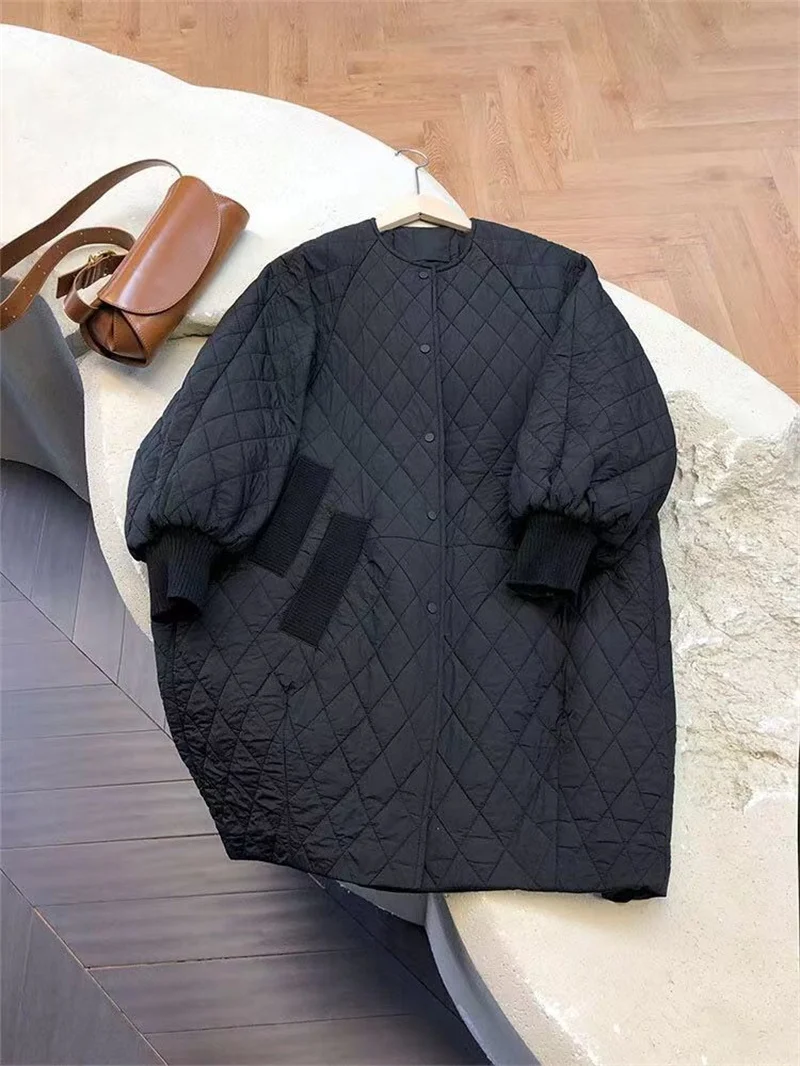 Oversized Diamond Plaid Down Cotton Jacket 2025 European Women Coat Long Lightweight Cotton Jacket Winter Parka New Coat Female