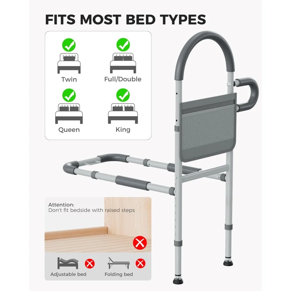Adjustable Bed Safety Rails for Seniors with Non-Slip Handle, Storage Pocket, Fits Twin to King Beds