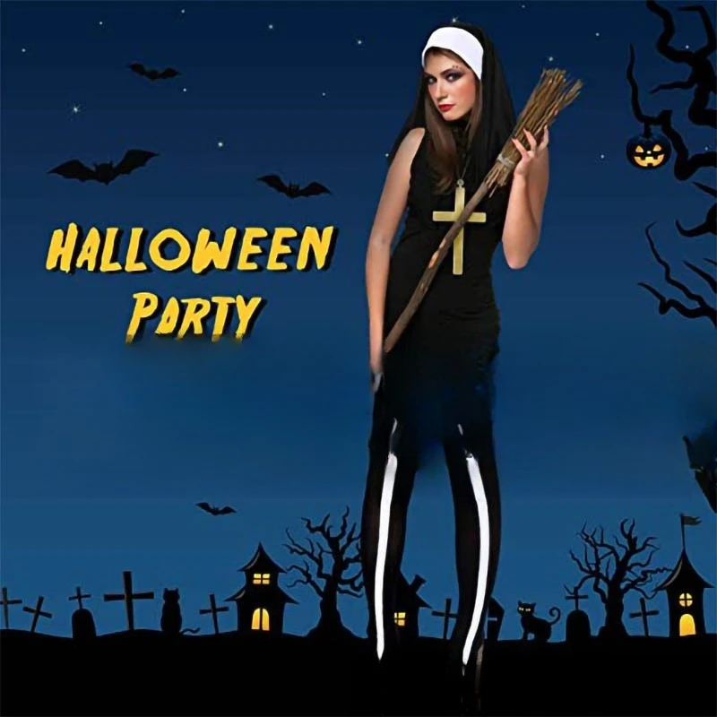 بدلة شخصية الراهبة التنكرية للهالوين، جوارب متقاطعة، بدلة راهبة، وشاح للرأس، زي العطلة